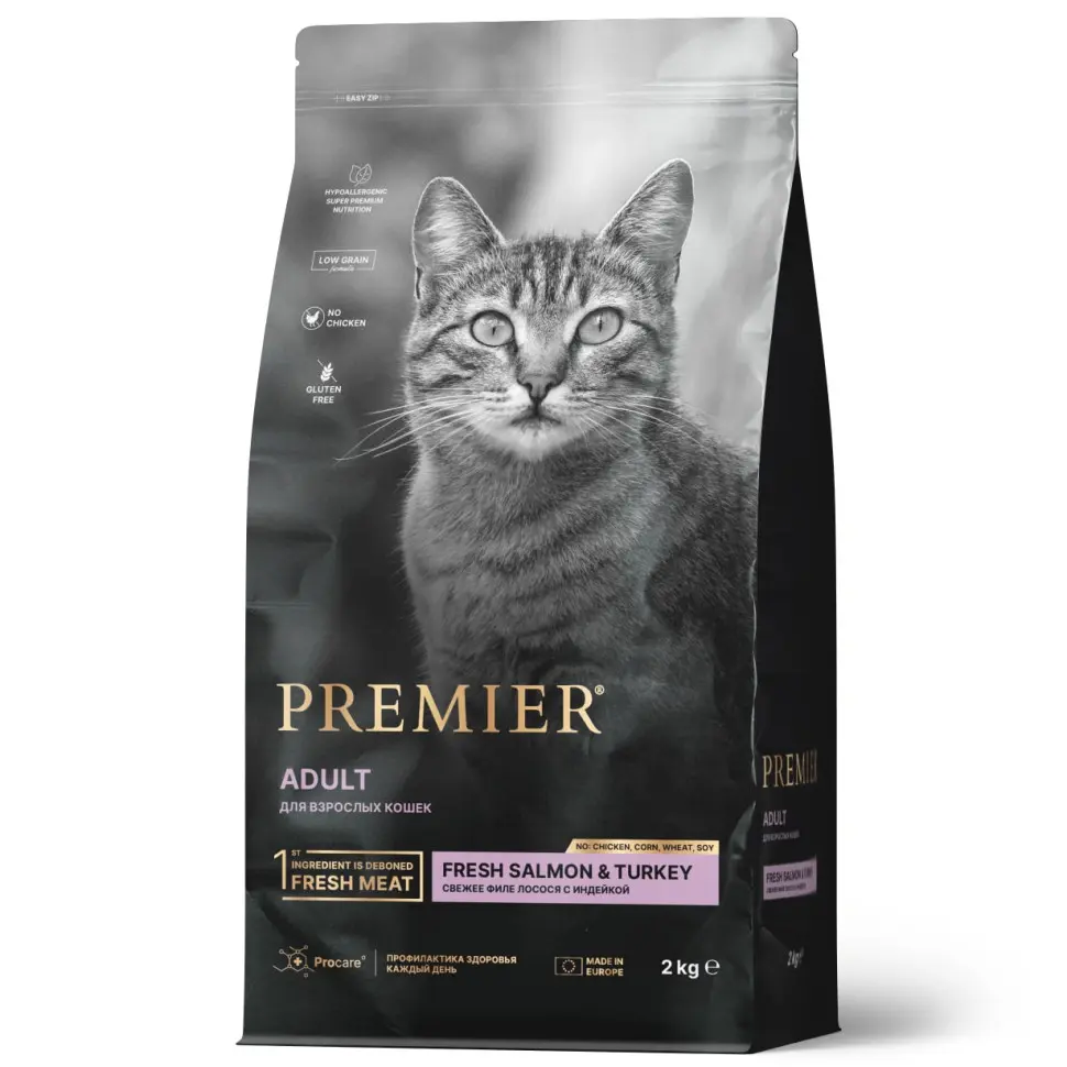 Premier cat salmon & turkey adult сухой корм для взрослых кошек, свежее филе лосося с индейкой - 2 кг в интернет-зоомагазине Pets Room