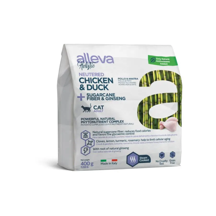 Alleva holistic cat neutered сухой корм для кастрированных котов и стерилизованных кошек с курицей и уткой, волокнами сахарного тростника и женьшенем - 400 г в интернет-зоомагазине Pets Room