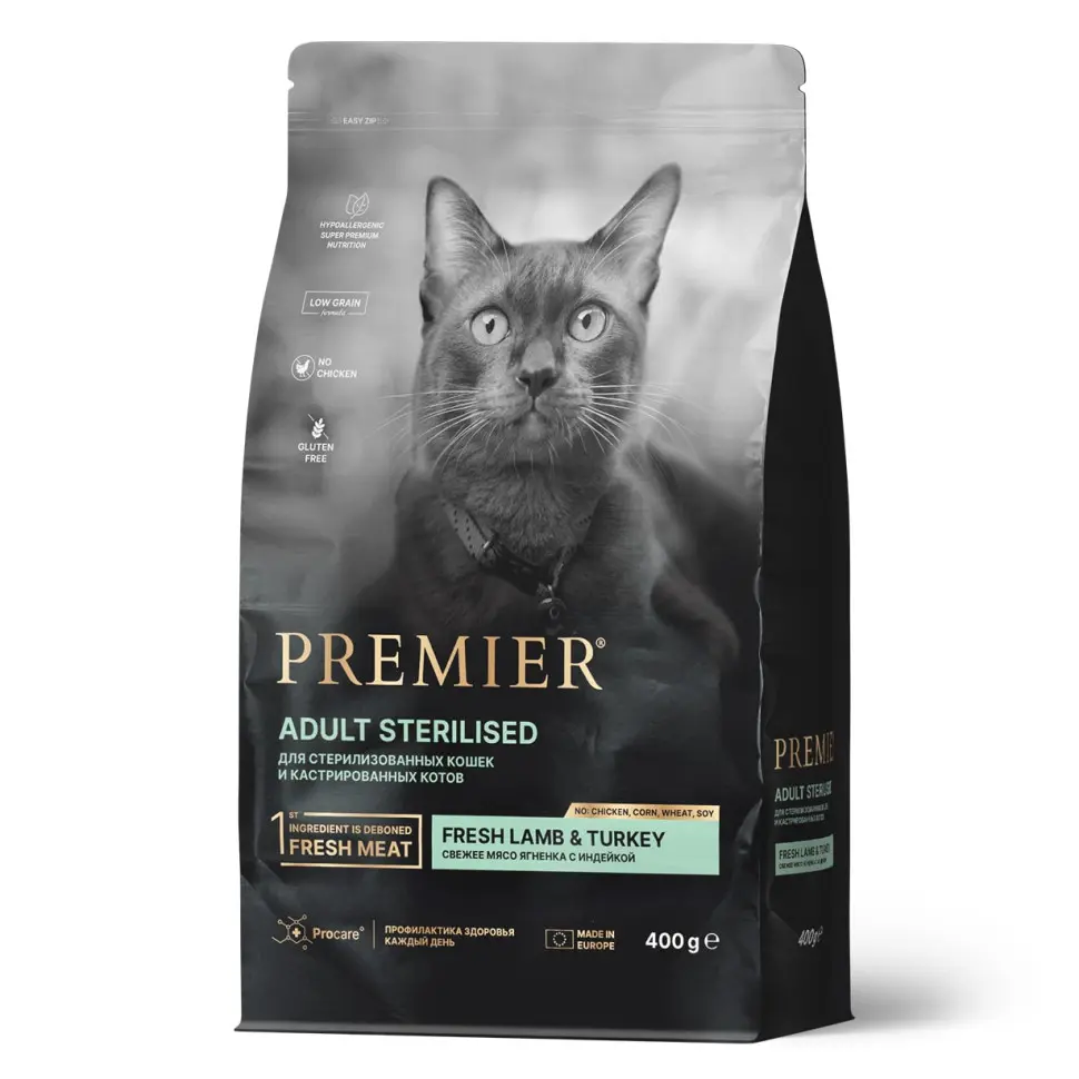 Premier cat lamb & turkey sterilised сухой корм для взрослых стерилизованных кошек, свежее мясо ягненка с индейкой - 400 г в интернет-зоомагазине Pets Room