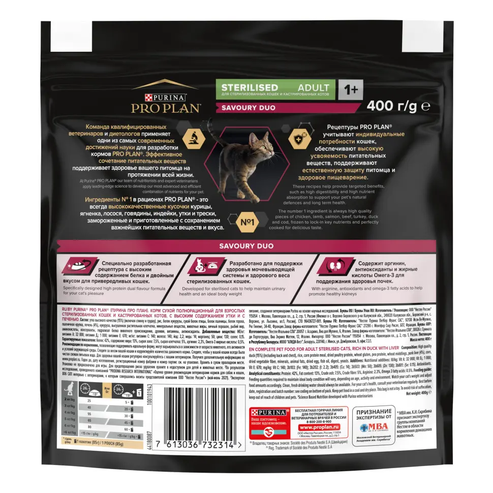 Pro plan cat adult sterilised сухой корм для стерилизованных кошек с уткой и печенью - 400 г в интернет-зоомагазине Pets Room