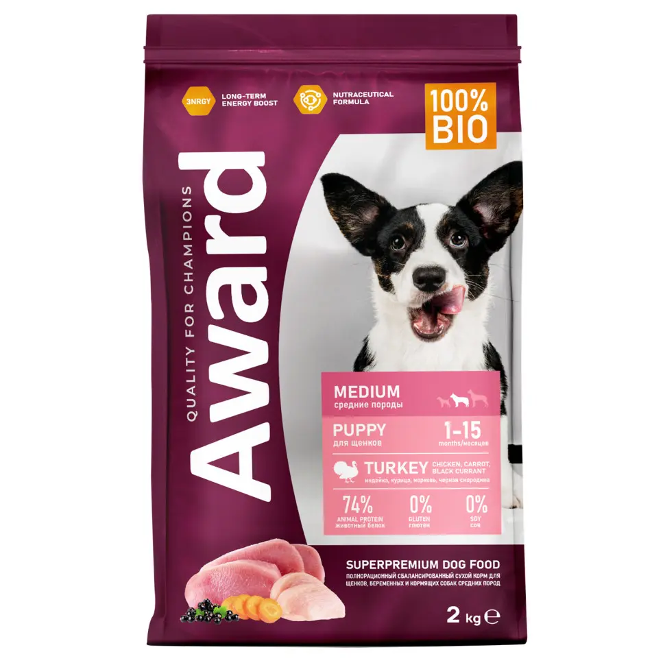 Award сухой корм для щенков средних пород от 1 месяца, беременных и кормящих сук, с индейкой, курицей, морковью и черной смородиной - 2 кг в интернет-зоомагазине Pets Room