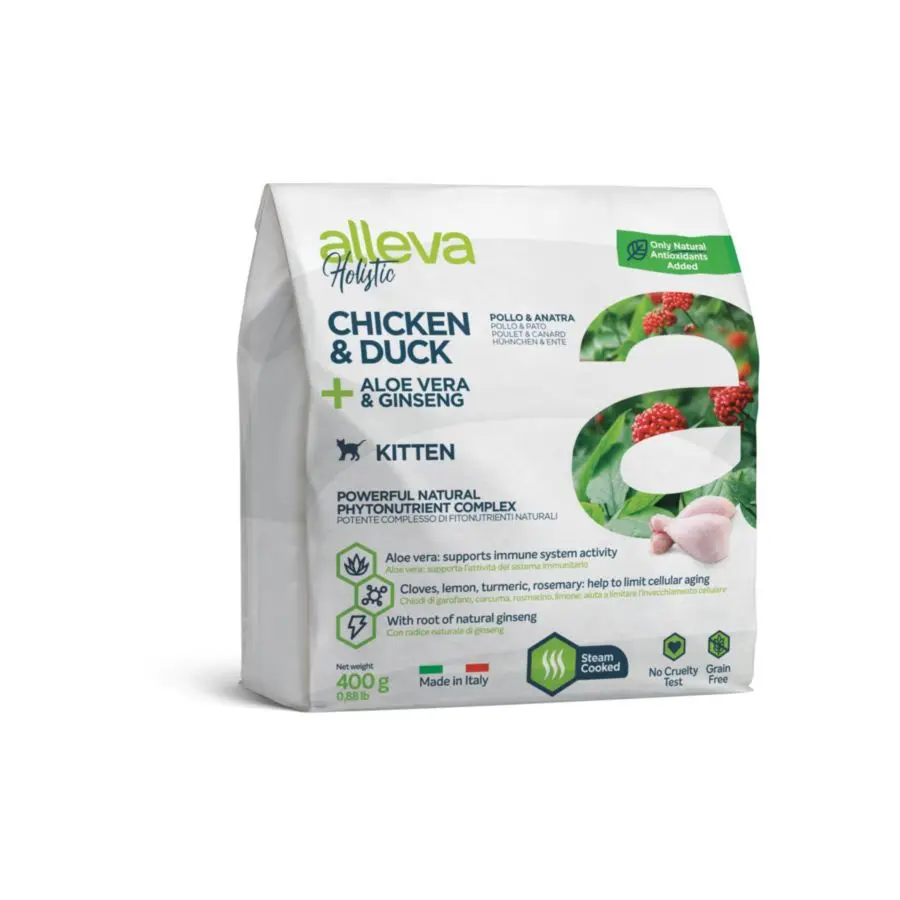Alleva holistic kitten сухой корм для котят с курицей и уткой, алое вера и женьшенем - 400 г в интернет-зоомагазине Pets Room