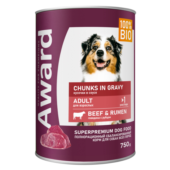 Влажный корм award для взрослых собак кусочки с говядиной и рубцом в соусе 750г (34098) в интернет-зоомагазине Pets Room