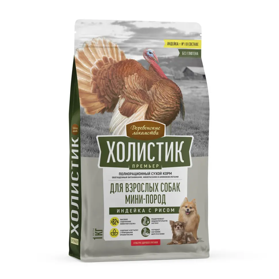 Деревенские лакомства холистик премьер сухой корм для взрослых собак мелких пород с индейкой и рисом - 1 кг в интернет-зоомагазине Pets Room