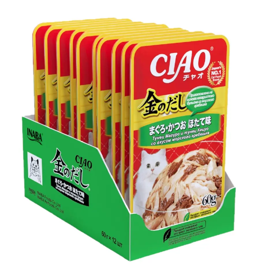 Inaba ciao kinnodashi влажный корм тунец магуро и тунец кацуо со вкусом морскогогребешка. дополнительный рацион для кошек 60г в интернет-зоомагазине Pets Room