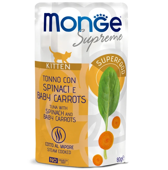 Monge supreme влажный корм для котят из тунца со шпинатом и мини-морковью, паучи 80 г в интернет-зоомагазине Pets Room