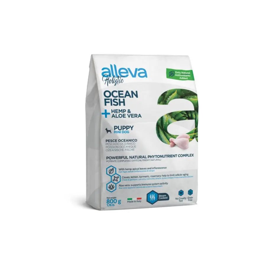 Alleva holistic puppy/junior ocean fish mini сухой корм для щенков и юниоров с океанической рыбой, коноплей и алое вера - 800 г в интернет-зоомагазине Pets Room