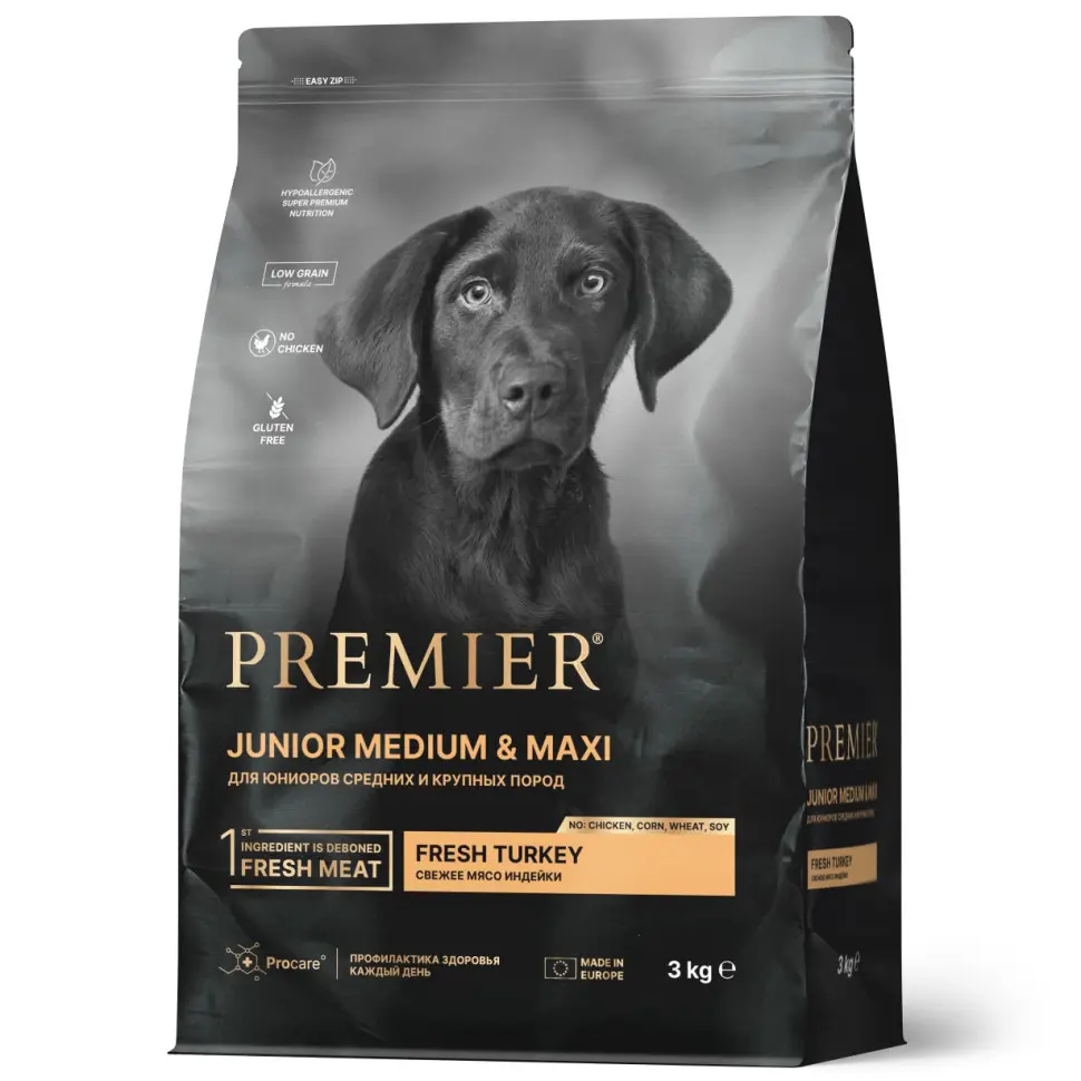 Premier dog turkey junior medium & maxi сухой корм для юниоров средних и крупных пород, свежее мясо индейки - 3 кг в интернет-зоомагазине Pets Room