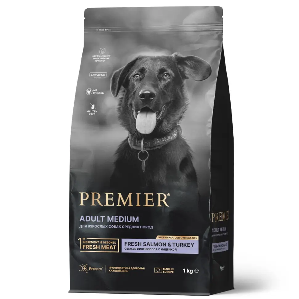 Premier dog salmon & turkey adult medium сухой корм для собак средних пород, свежее филе лосося с индейкой - 1 кг в интернет-зоомагазине Pets Room