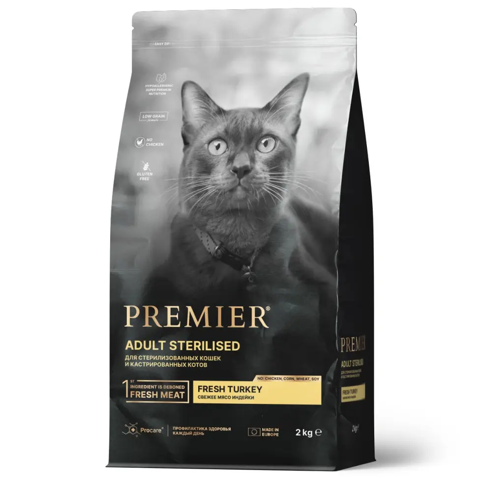 Premier cat turkey sterilised сухой корм для взрослых стерилизованных кошек, свежее мясо индейки - 2 кг в интернет-зоомагазине Pets Room