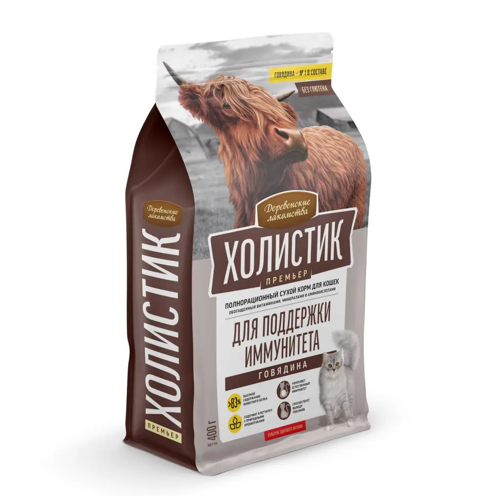 Деревенские лакомства холистик премьер сухой корм для кошек, для поддержки иммунитета, с говядиной - 400 г в интернет-зоомагазине Pets Room