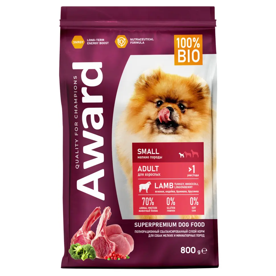 Award сухой корм для взрослых собак мелких и миниатюрных пород, с ягненком, индейкой, брокколи и брусникой - 800 г в интернет-зоомагазине Pets Room