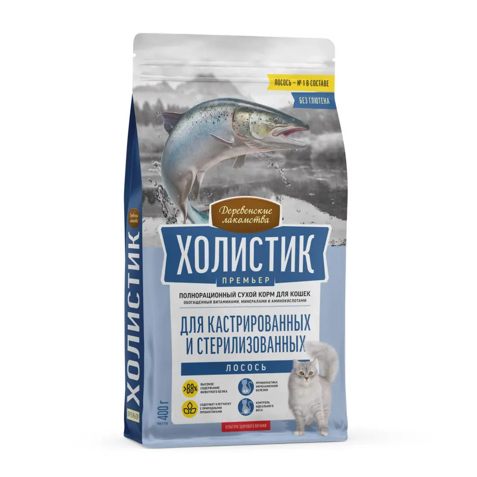 Деревенские лакомства холистик премьер сухой корм для стерилизованных кошек с лососем - 400 г в интернет-зоомагазине Pets Room