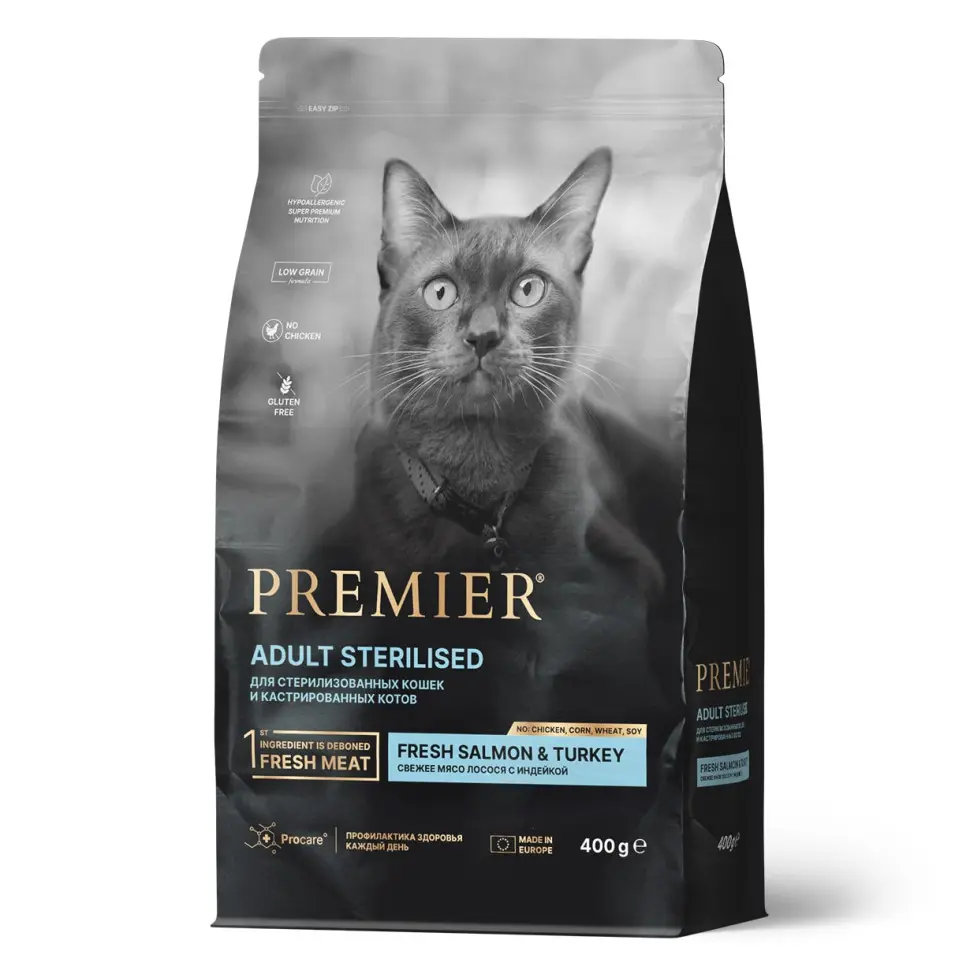 Premier cat salmon & turkey sterilised сухой корм для взрослых стерилизованных кошек, свежее филе лосося с индейкой - 400 г в интернет-зоомагазине Pets Room