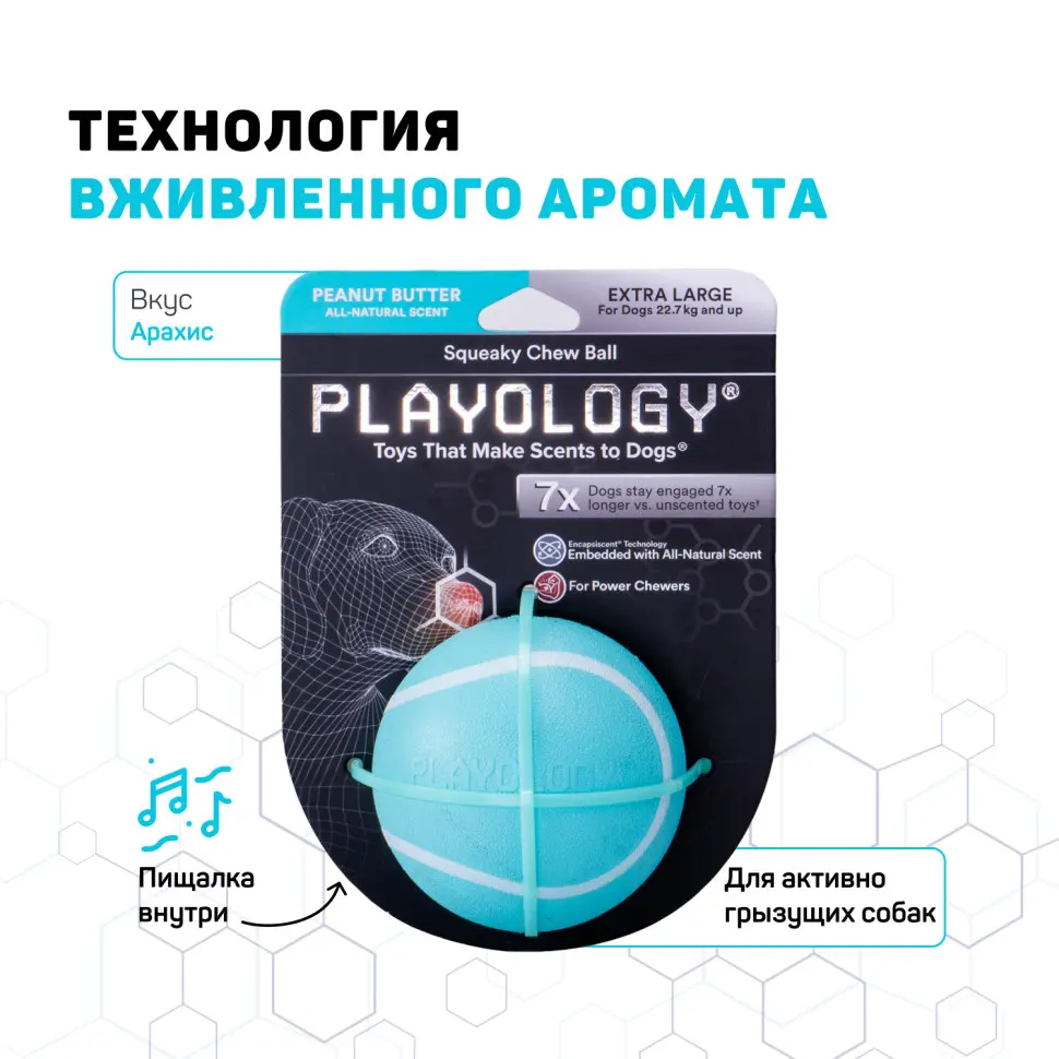 Playology squeaky chew ball хрустящий жевательный мяч для собак с пищалкой и с ароматом арахиса, 8 см, голубой в интернет-зоомагазине Pets Room