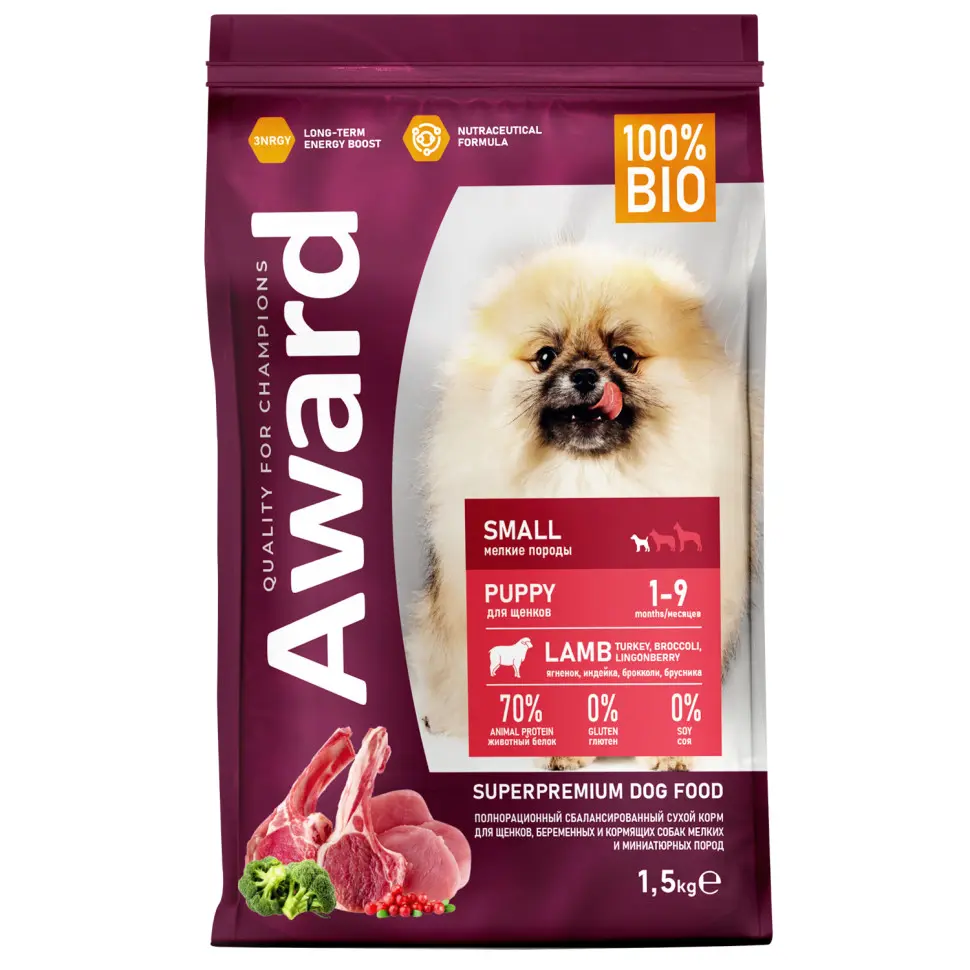 Award сухой корм для щенков мелких и миниатюрных пород от 1 месяца, беременных и кормящих сук, с ягненком, индейкой, брокколи и брусникой - 1,5 кг в интернет-зоомагазине Pets Room
