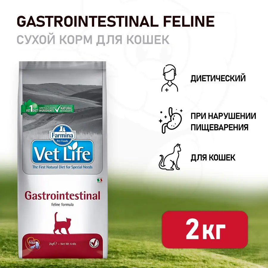 Farmina vet life cat gastrointestinal сухой корм для взрослых кошек при заболеваниях желудочно-кишечного тракта - 2 кг фото Farmina vet life cat gastrointestinal сухой корм для взрослых кошек при заболеваниях желудочно-кишечного тракта - 2 кг в интернет-зоомагазине Pets Room