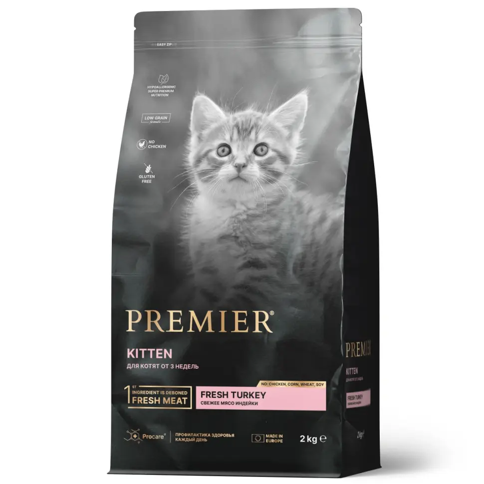Premier cat turkey kitten сухой корм для котят и кормящих или беременных кошек, свежее мясо индейки - 2 кг в интернет-зоомагазине Pets Room