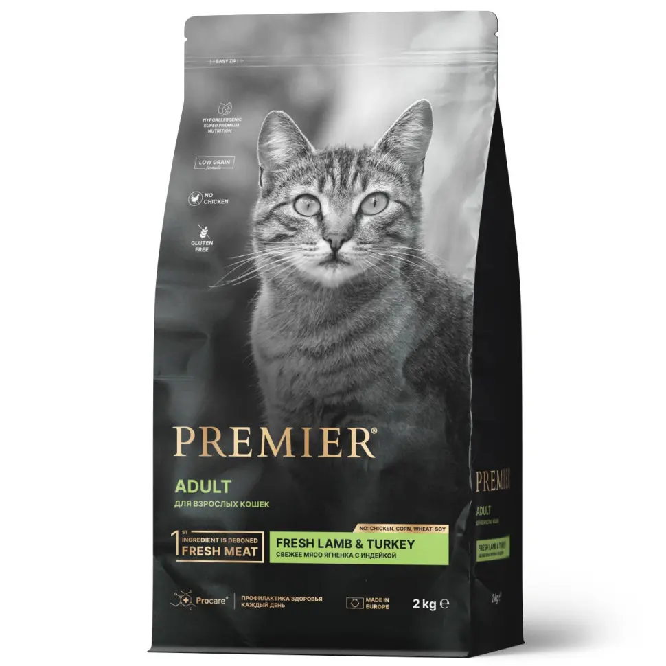 Premier cat lamb & turkey adult сухой корм для взрослых кошек, свежее мясо ягненка с индейкой - 2 кг в интернет-зоомагазине Pets Room