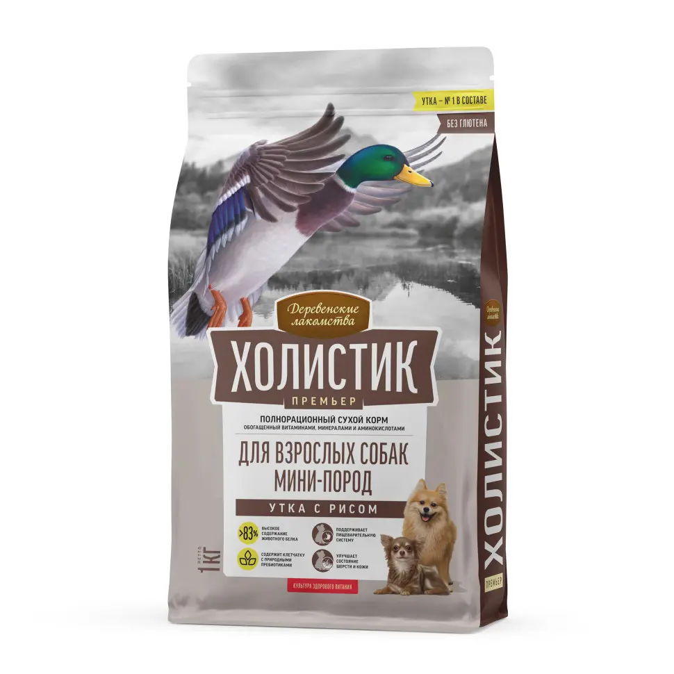 Деревенские лакомства холистик премьер сухой корм для взрослых собак мелких пород с уткой и рисом - 1 кг в интернет-зоомагазине Pets Room