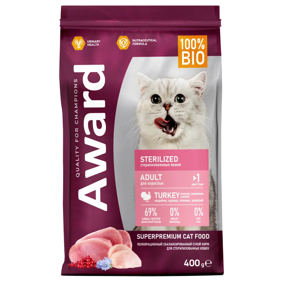 Award sterilized сухой корм для взрослых стерилизованных кошек, с индейкой, курицей, клюквой и цикорием - 400 г в интернет-зоомагазине Pets Room