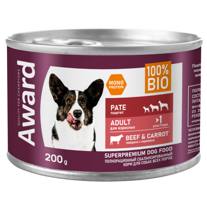 Влажный корм award для взрослых собак паштет из говядины с морковью 200г (34133) в интернет-зоомагазине Pets Room