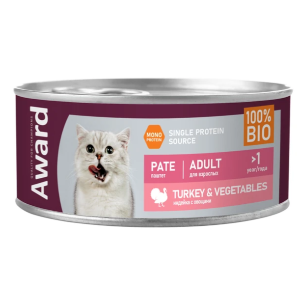 Влажный корм award для взрослых кошек паштет из индейки с овощами 100г (34090, 01.01.0001 0:00:00) в интернет-зоомагазине Pets Room