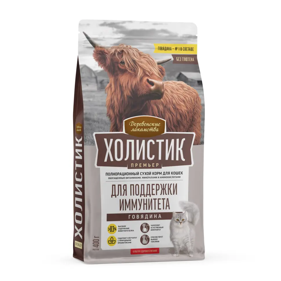 Деревенские лакомства холистик премьер сухой корм для кошек, для поддержки иммунитета, с говядиной - 400 г в интернет-зоомагазине Pets Room