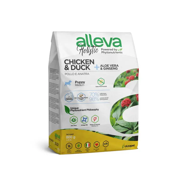 Alleva holistic puppy/junior chicken & duck medium сухой корм для щенков и юниоров с курицей и уткой, алое вера и женьшенем - 800 г в интернет-зоомагазине Pets Room