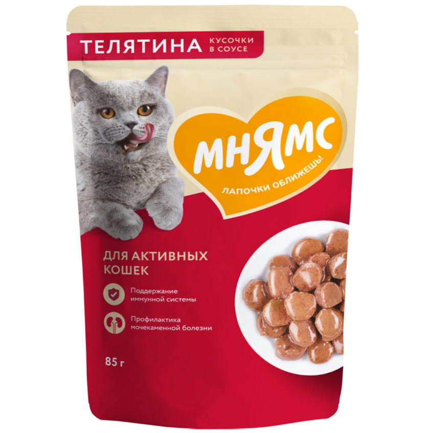 Влажный корм мнямс кусочки в соусе с телятиной для активных кошек 85г в интернет-зоомагазине Pets Room