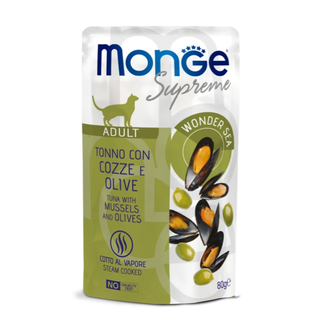 Monge Supreme Влажный корм для взрослых кошек с мидиями и оливками, паучи 80 г в интернет-зоомагазине Pets Room