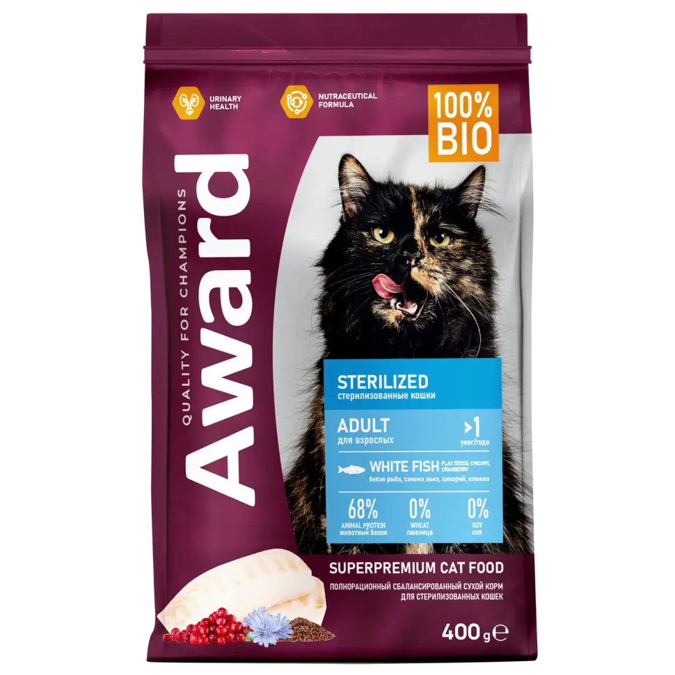 Award sterilized сухой корм для взрослых стерилизованных кошек, с белой рыбой, семенами льна, клюквой и цикорием - 400 г в интернет-зоомагазине Pets Room