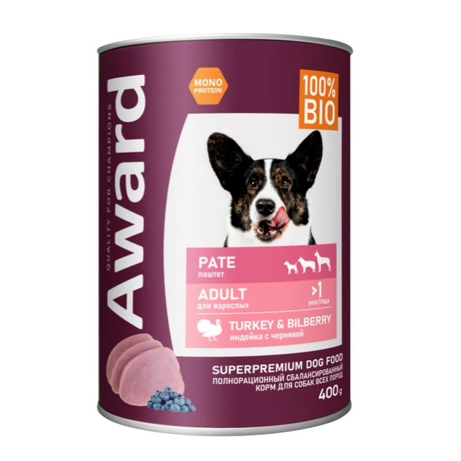 Влажный корм award для взрослых собак паштет из индейки с черникой 400г (35001) в интернет-зоомагазине Pets Room