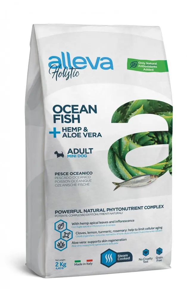 Alleva holistic puppy/junior ocean fish medium сухой корм для щенков средних пород с океанической рыбой, коноплей и алое вера 2 кг в интернет-зоомагазине Pets Room