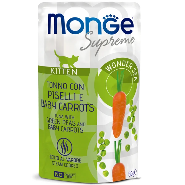 Monge supreme влажный корм для котят из тунца с зелёным горошком и мини-морковью, паучи 80 г в интернет-зоомагазине Pets Room