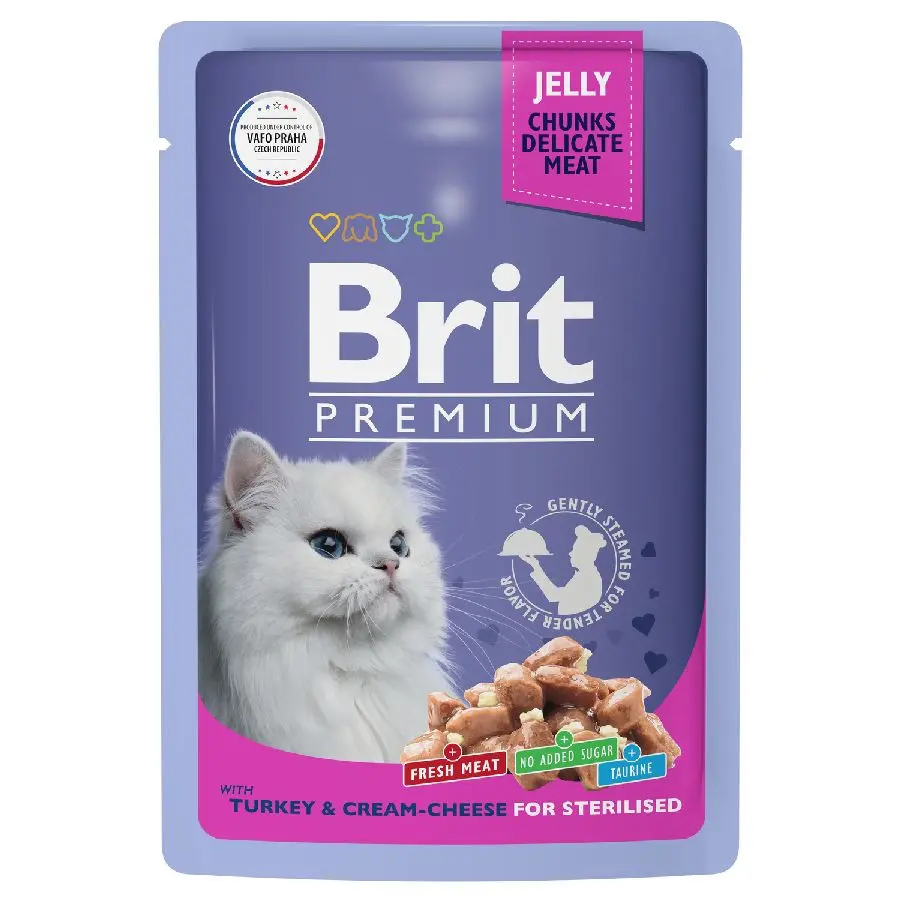Brit premium, пауч для взрослых стерилизованных кошек, индейка с сыром в желе, 85г в интернет-зоомагазине Pets Room