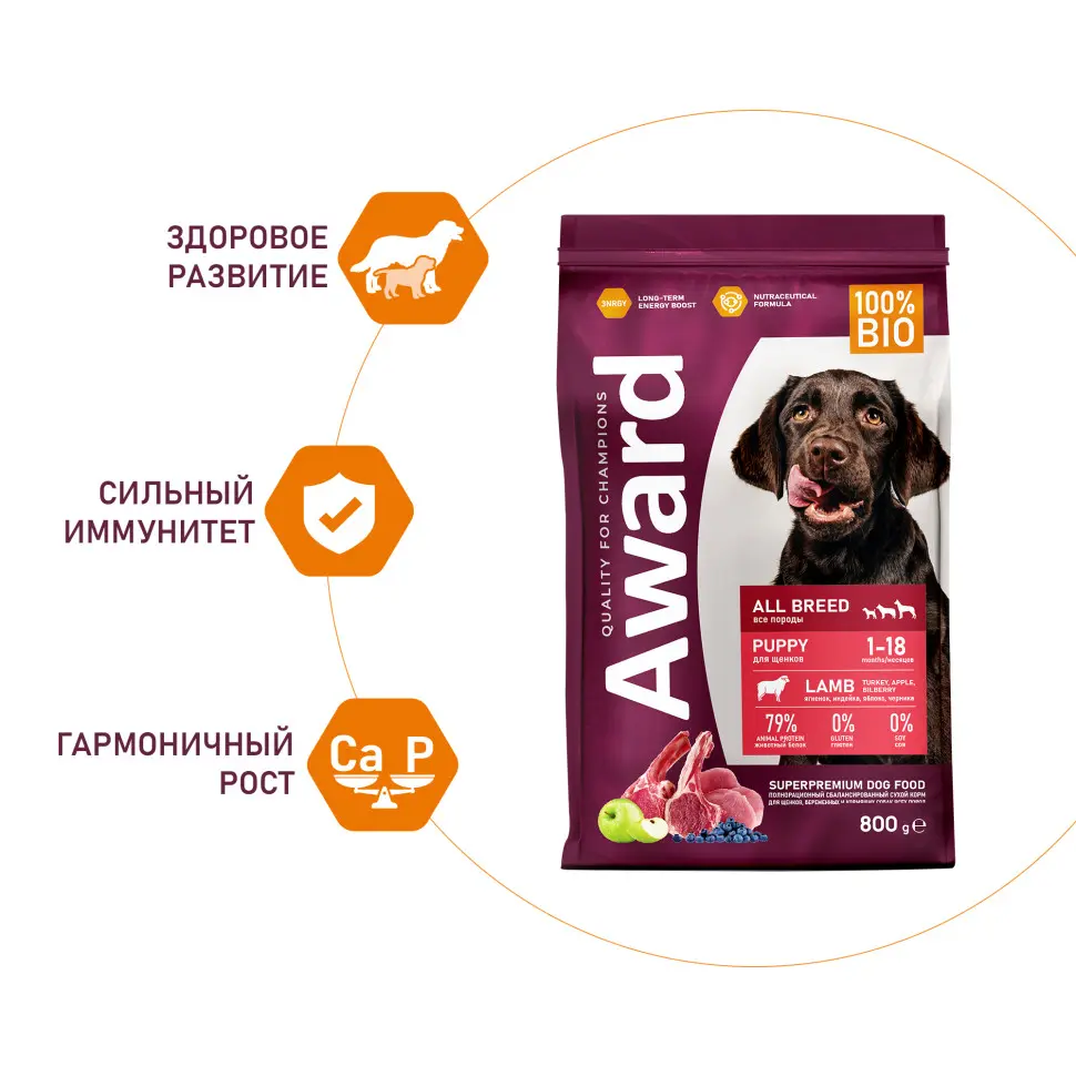 Award сухой корм для щенков всех пород от 1 месяца, беременных и кормящих сук, с ягненком, индейкой, яблоком и черникой - 800 г в интернет-зоомагазине Pets Room