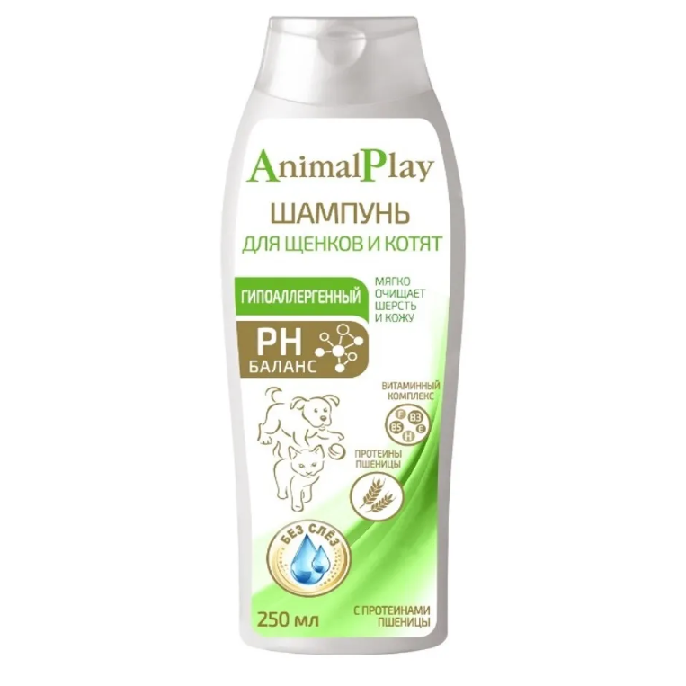 Animal play гипоаллергенный 250 мл шампунь для щенков и котят с протеинами пшеницы и витаминами в интернет-зоомагазине Pets Room