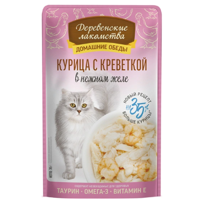 Деревенские лакомства домашние обеды консервы для кошек курица с креветкой в нежном желе пауч 70 г в интернет-зоомагазине Pets Room