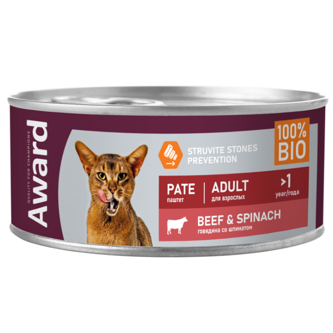Влажный корм award для взрослых кошек паштет из говядины со шпинатом 100г (34111) в интернет-зоомагазине Pets Room