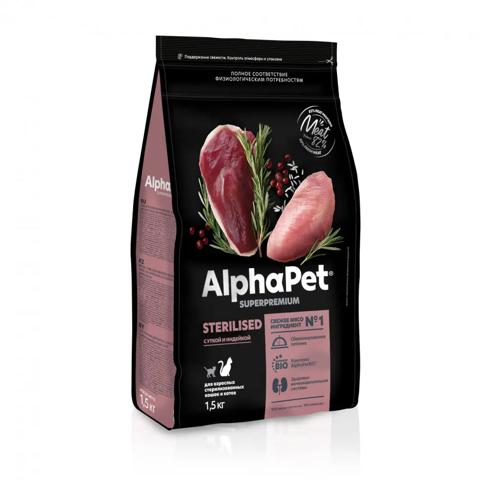 Alphapet superpremium сухой полнорационный корм для взрослых стерилизованных кошек и котов с уткой и индейкой - 1,5 кг в интернет-зоомагазине Pets Room