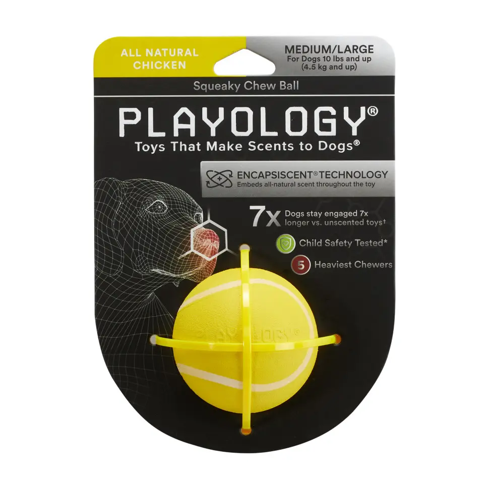 Playology squeaky chew ball хрустящий жевательный мяч для собак с пищалкой и с ароматом курицы, 6 см, желтый в интернет-зоомагазине Pets Room