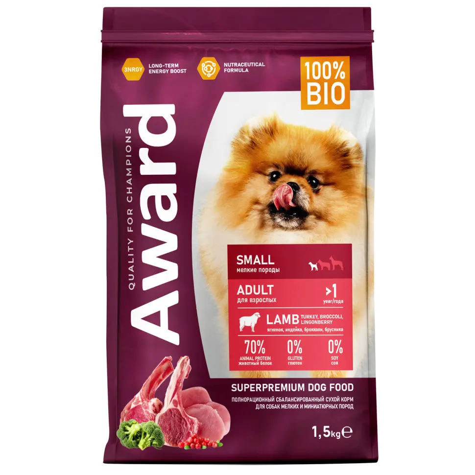 Award сухой корм для взрослых собак мелких и миниатюрных пород, с ягненком, индейкой, брокколи и брусникой - 1,5 кг в интернет-зоомагазине Pets Room