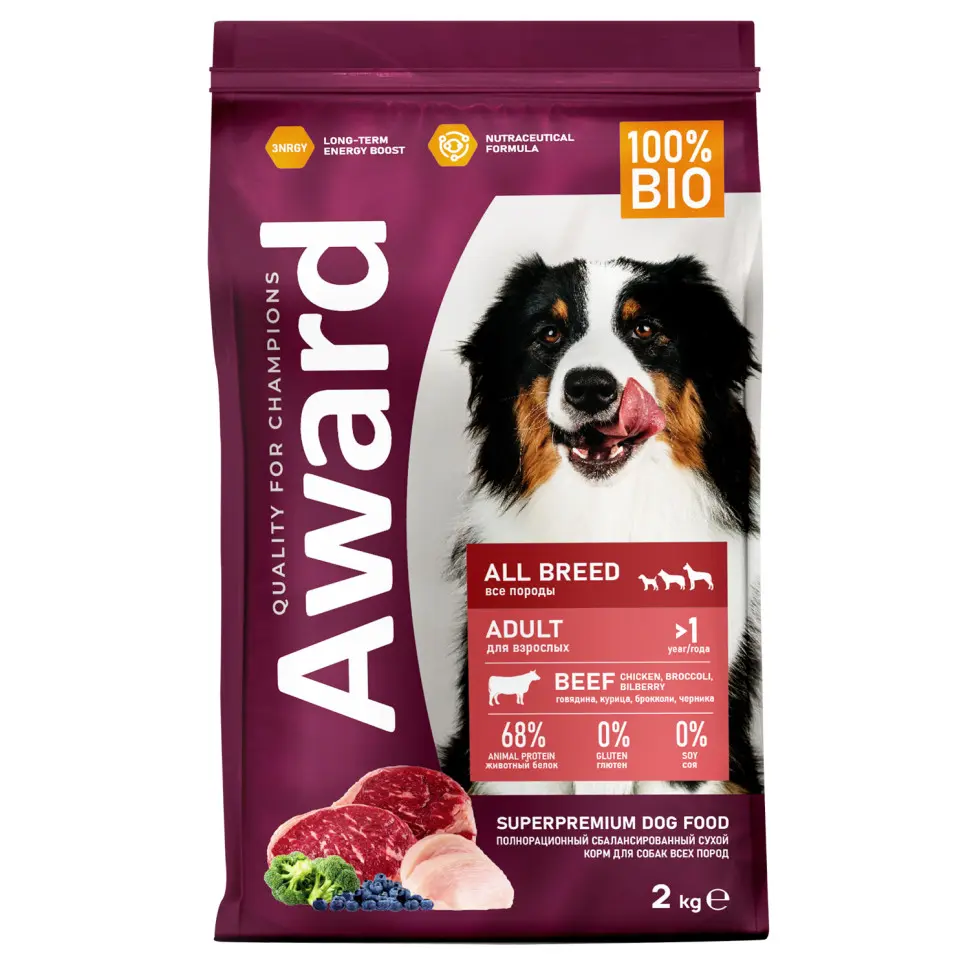 Award сухой корм для взрослых собак всех пород, с говядиной, курицей, брокколи и черникой - 2 кг в интернет-зоомагазине Pets Room