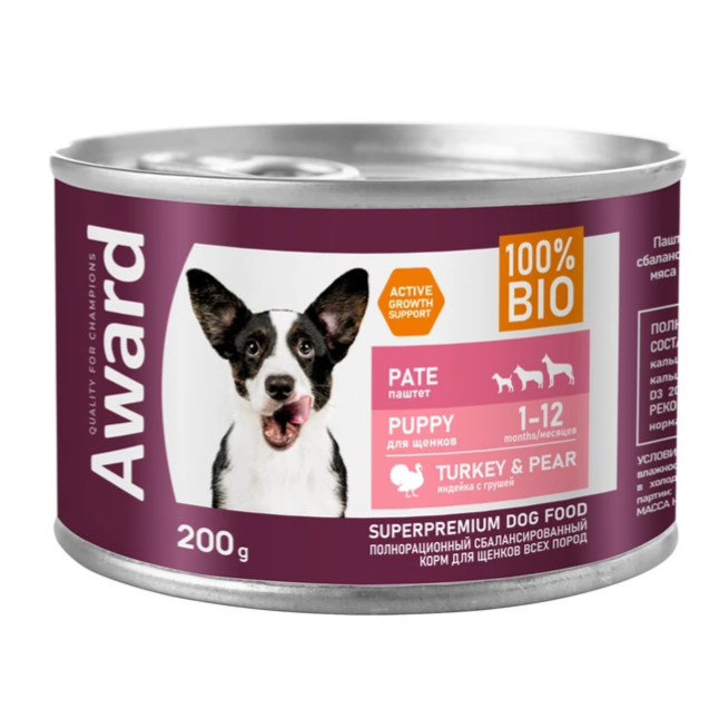 Влажный корм award для щенков от 1 месяца паштет из индейки с грушей 200г (34133) в интернет-зоомагазине Pets Room