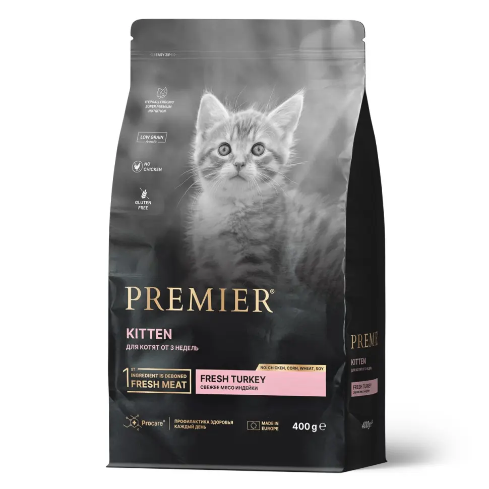 Premier cat turkey kitten сухой корм для котят и кормящих или беременных кошек, свежее мясо индейки - 400 г в интернет-зоомагазине Pets Room