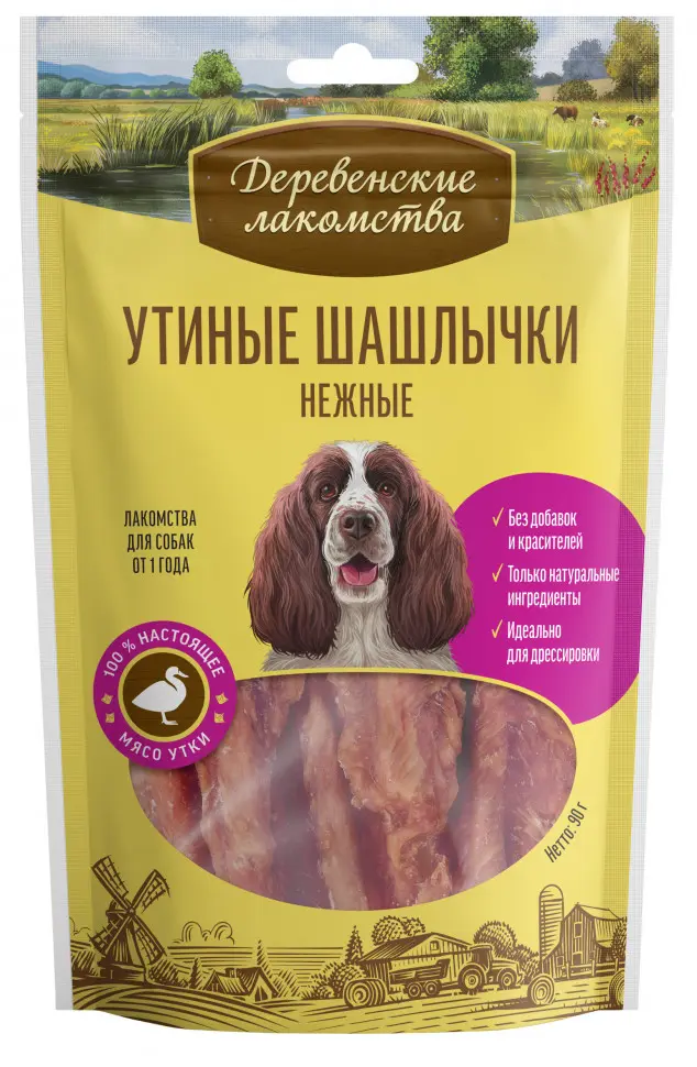 Деревенские лакомства 100 % мяса утиные шашлычки нежные для собак - 90 г в интернет-зоомагазине Pets Room