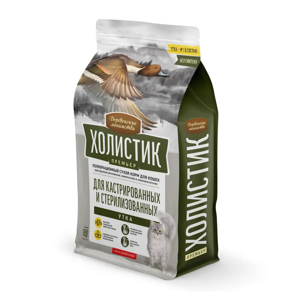 Деревенские лакомства холистик премьер сухой корм для стерилизованных кошек с уткой - 400 г в интернет-зоомагазине Pets Room