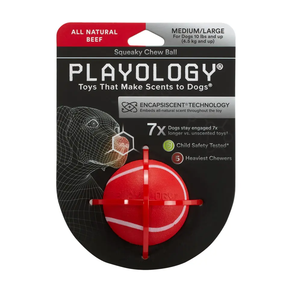 Playology squeaky chew ball хрустящий жевательный мяч для собак с пищалкой и с ароматом говядины, 6 см, красный в интернет-зоомагазине Pets Room