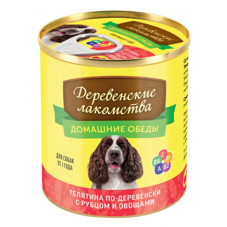 Деревенские лакомства консервы домашние обеды для взрослых собак телятина по-деревенски с рубцом и овощами 240 г в интернет-зоомагазине Pets Room